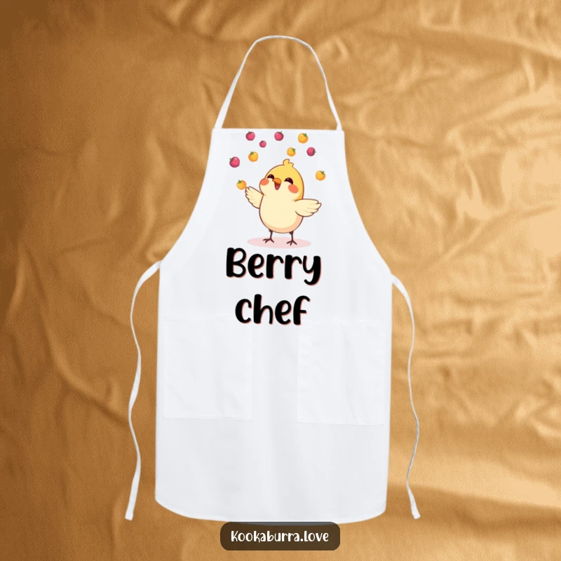 Funny apron depicting a small, cheerful bird skillfully juggling multiple tiny, colorful berries in a kitchen setting.