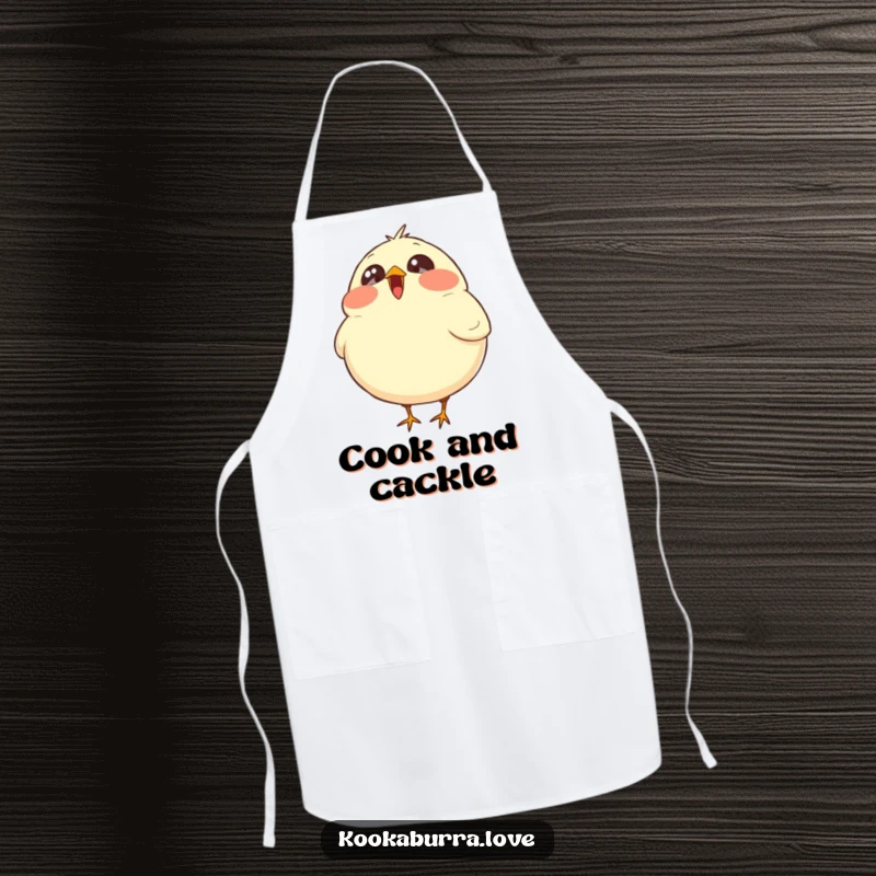 Funny apron showcasing a plump, round bird with sparkling eyes, head thrown back in a fit of hearty laughter.