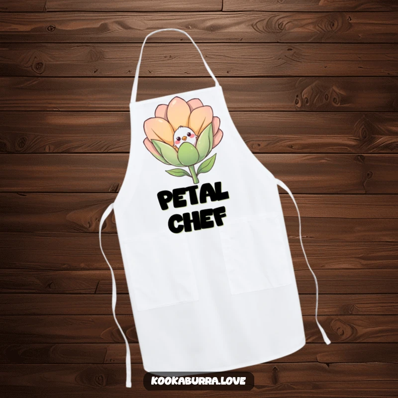 Funny apron depicting a shy small bird cautiously peeking out from behind a large, smiling flower bud.