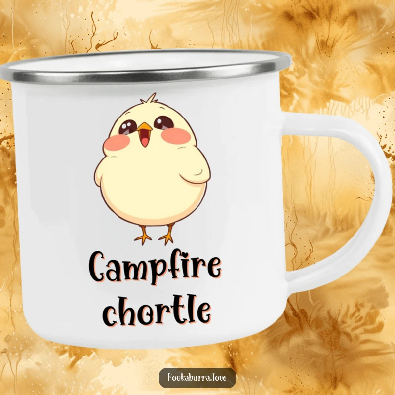 Funny camping mug featuring a plump, round bird with sparkling eyes erupting in contagious laughter, ready for adventure.