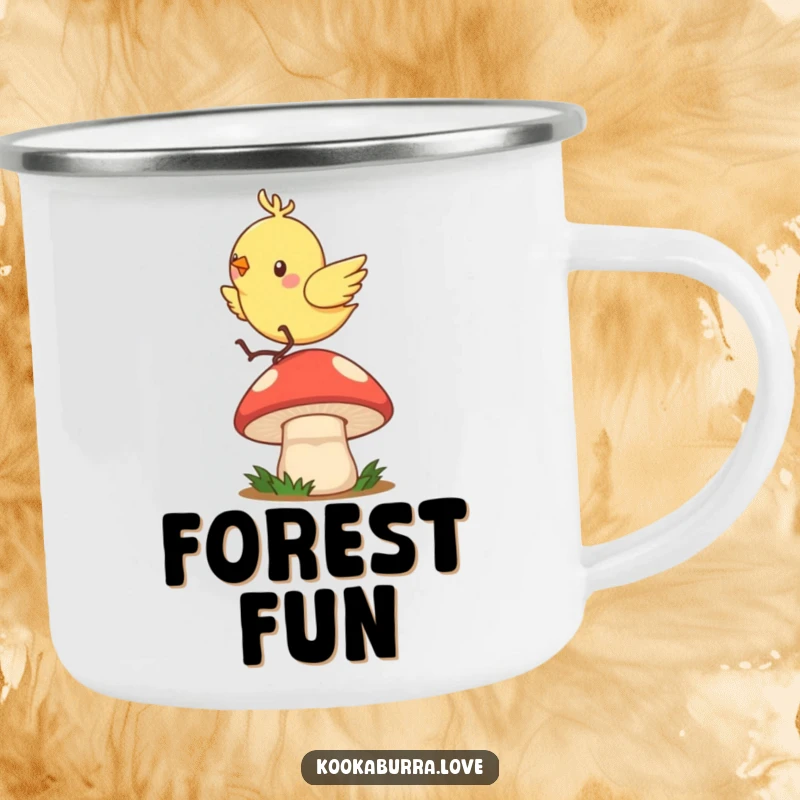 Funny camping mug featuring a quick, zippy bird joyfully hopping and bouncing on a mushroom cap, ready for adventure.