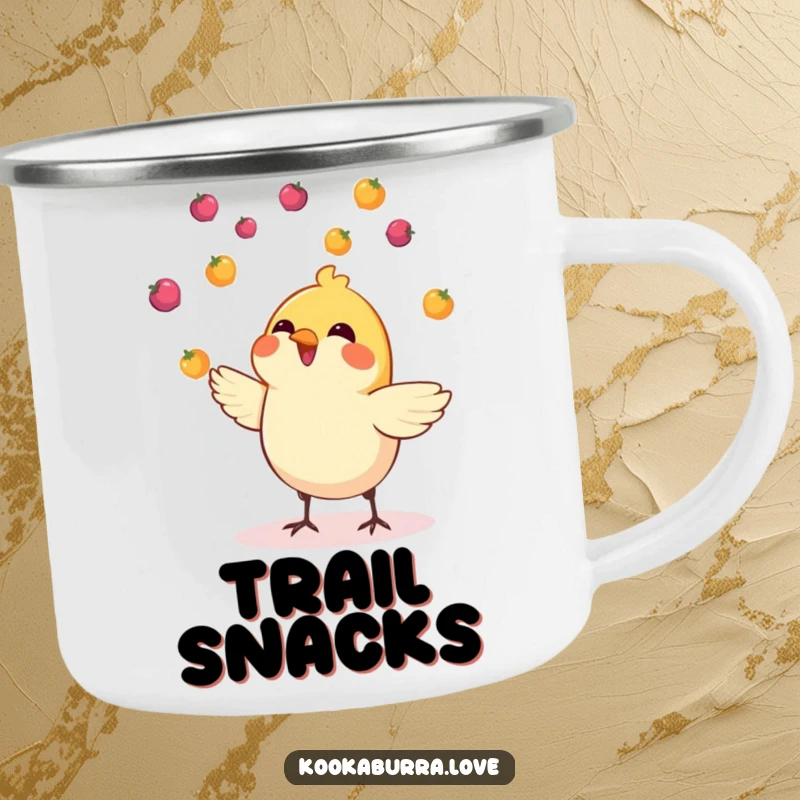 Funny camping mug featuring a small, cheerful bird skillfully juggling tiny, colorful berries, perfect for adventure.