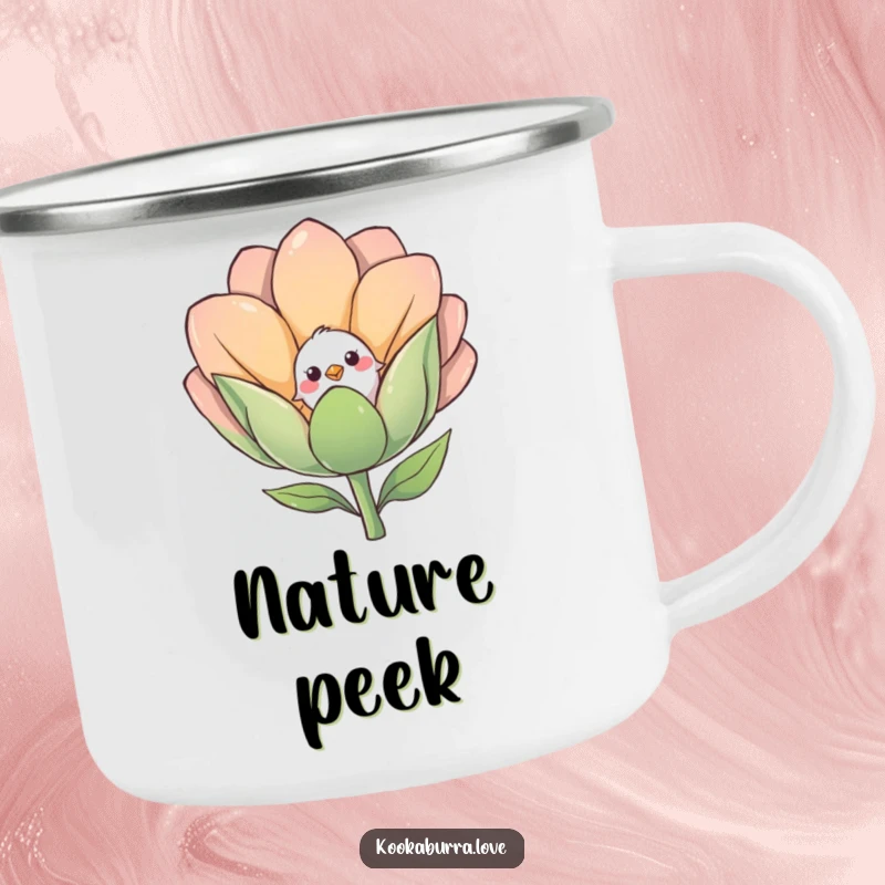 Funny camping mug featuring a shy small bird cautiously peeking out from behind a large, smiling flower bud.