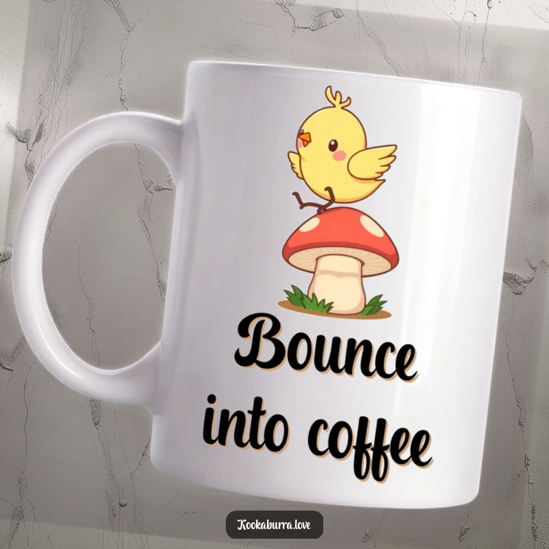 Funny mug showing a quick, zippy bird joyfully hopping with enthusiasm on a bouncy mushroom cap.