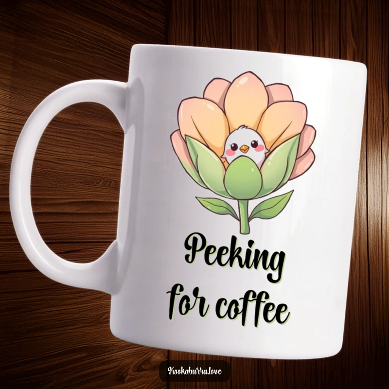Funny mug showing a small, shy bird cautiously peeking out from behind a large, smiling flower bud.