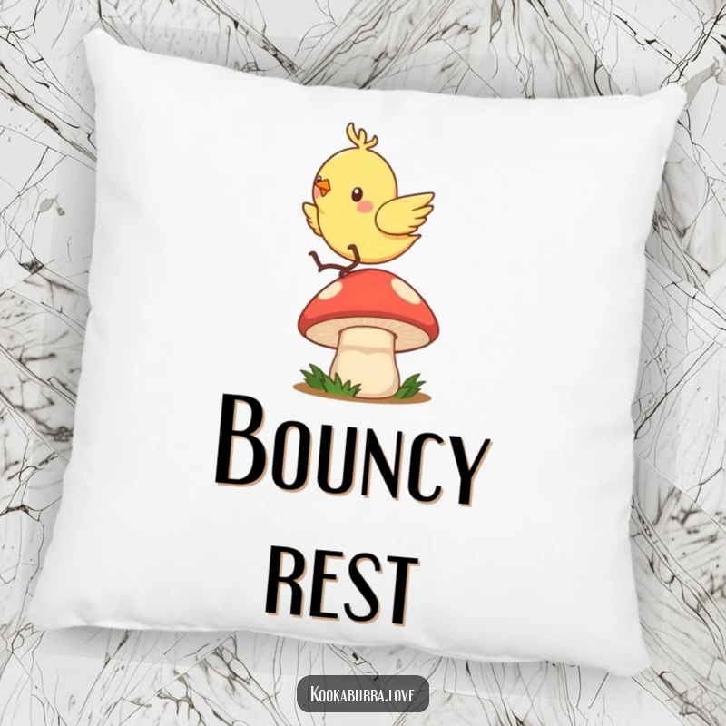 Funny pillow showcasing a quick, zippy bird joyfully hopping and bouncing with excitement on a mushroom cap.