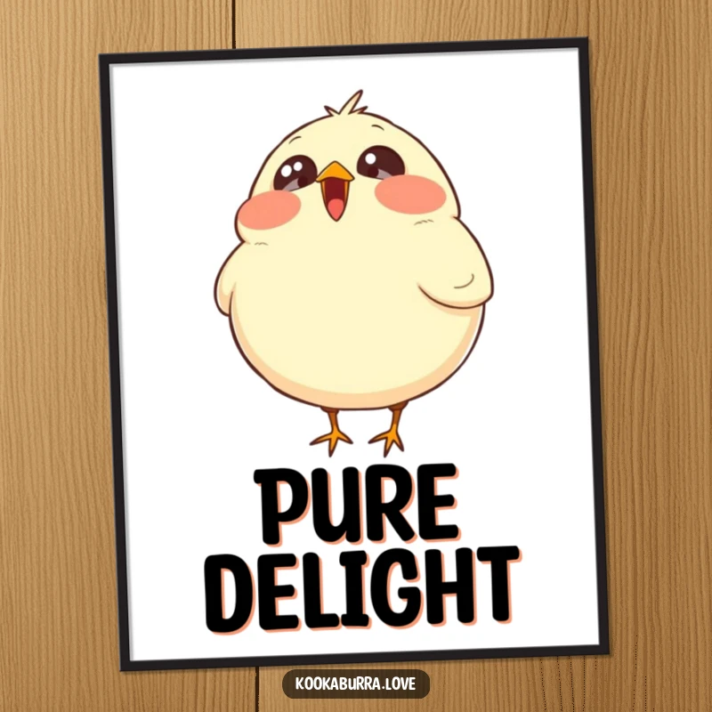 Funny digital art print of a plump, round bird with sparkling eyes erupting in hearty, infectious laughter.