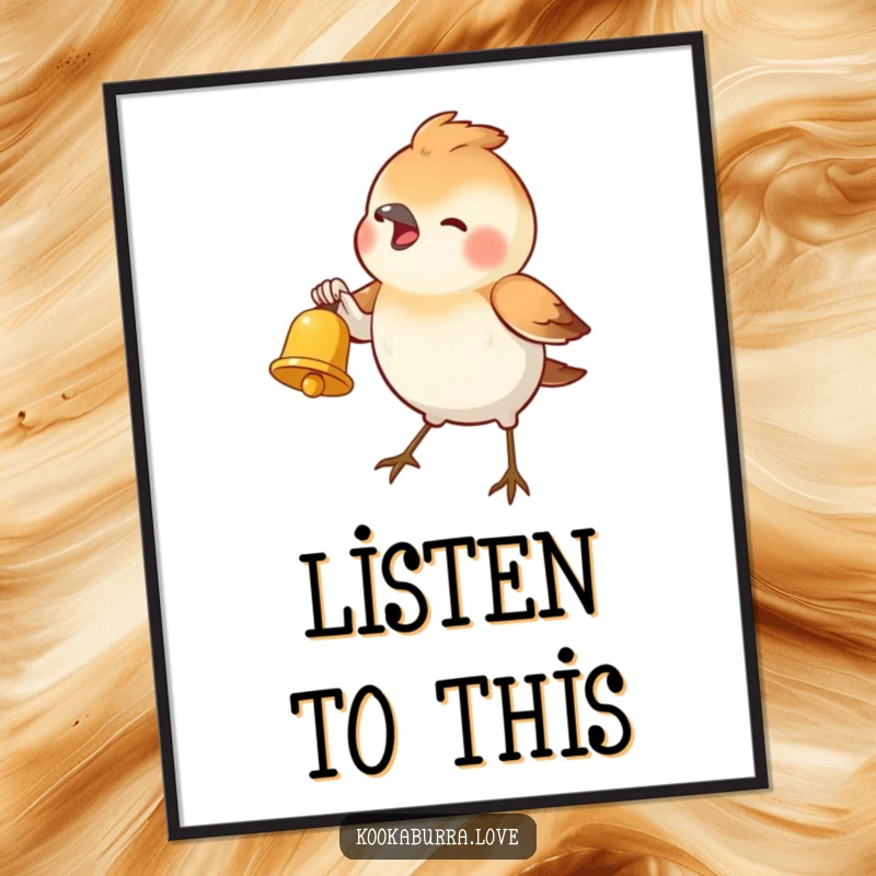 Funny Poster of a small bird enthusiastically ringing a tiny golden bell, a vibrant and humorous piece of art for any wall.