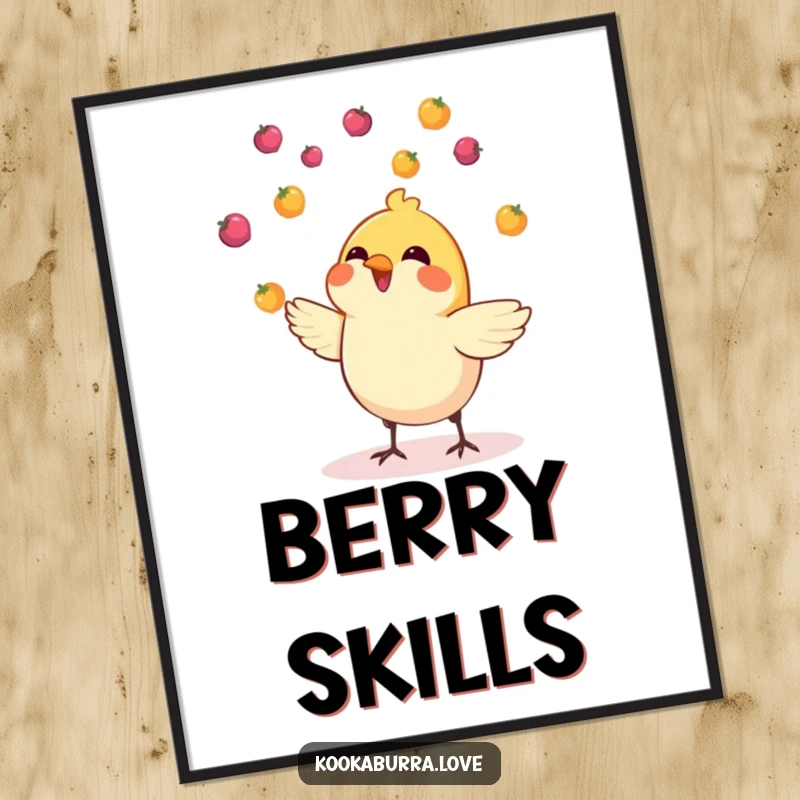 Funny poster of a small, cheerful bird skillfully juggling numerous tiny, colorful berries tossed high in the air.