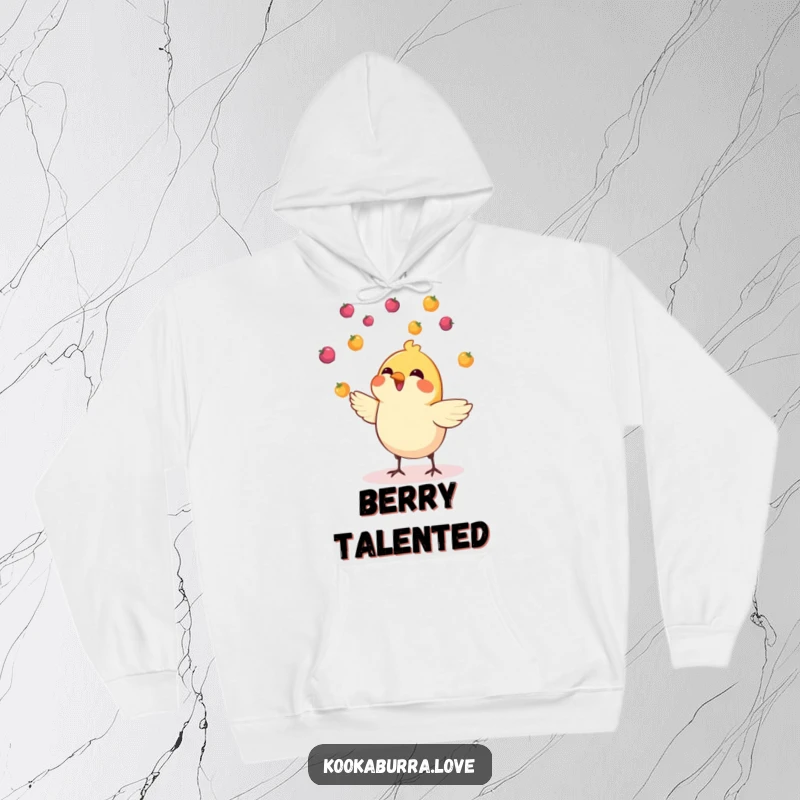Funny hoodie depicting a small, cheerful bird masterfully juggling a cascade of tiny, colorful berries.