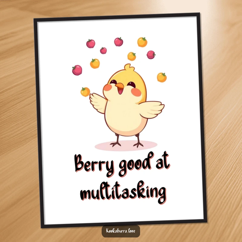 Funny Free Printable Wall Art: A small, cheerful bird skillfully juggles tiny, colorful berries tossed high, creating a dynamic and vibrant scene.