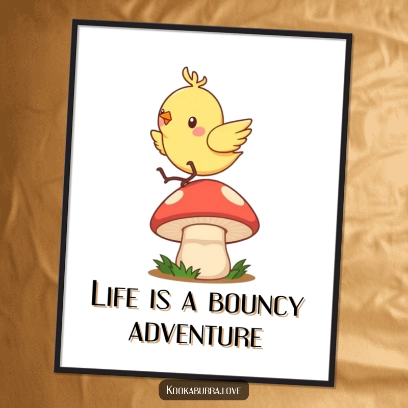Funny Free Printable Wall Art: A zippy, energetic bird is joyfully mid-hop on a large, springy mushroom cap, creating a lively scene.
