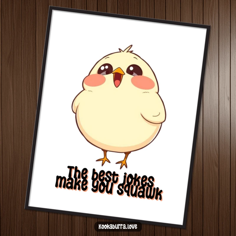 Funny Free Printable Wall Art: A plump, round bird with wide, sparkling eyes is captured mid-laugh, head thrown back, radiating sheer amusement.