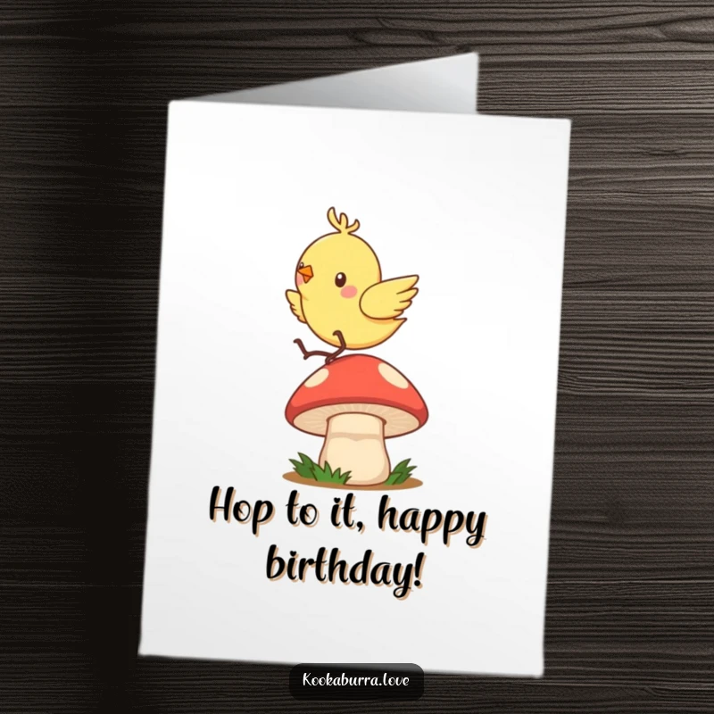 Funny Free Printable Birthday Card: A quick, zippy bird joyfully bounces high on a vibrant, springy mushroom cap.