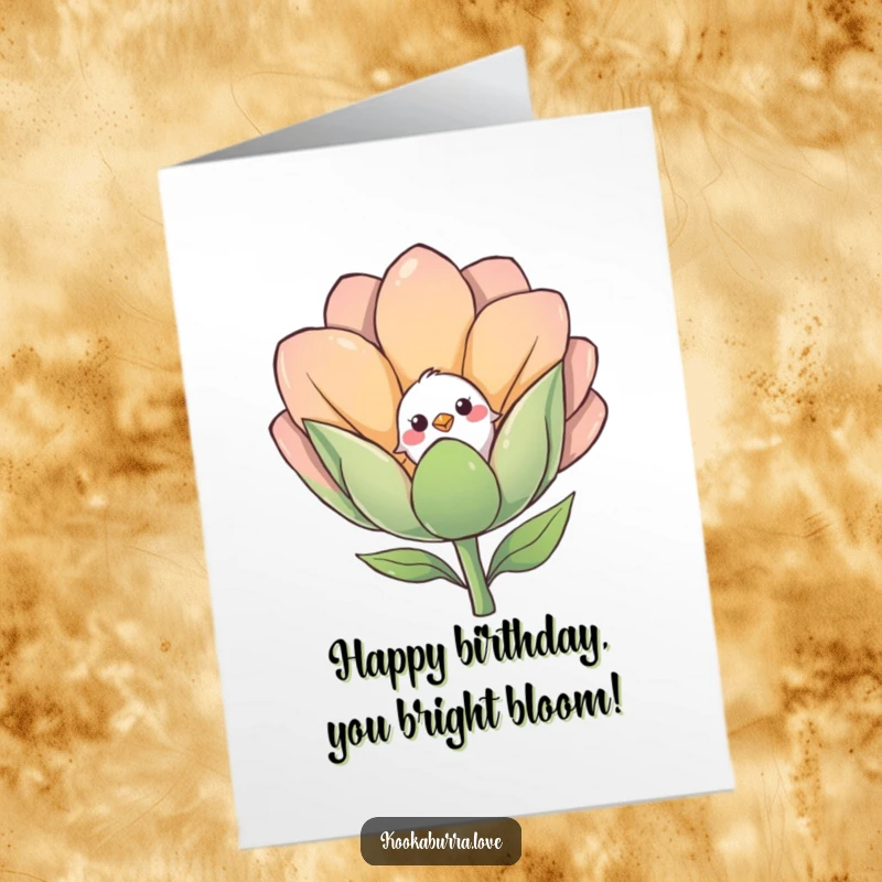 Funny Free Printable Birthday Card: A shy bird peeks its head from behind a large, smiling flower bud, offering a sweet surprise.