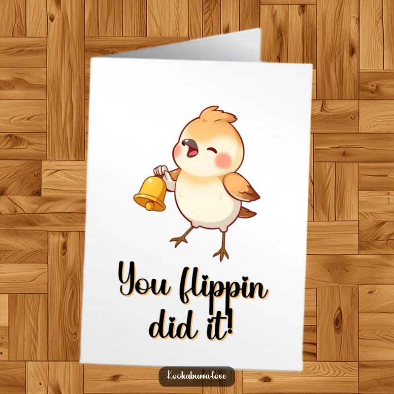 Funny Free Printable Congratulations Card showing a happy bird enthusiastically ringing a small golden bell, symbolizing exciting news.