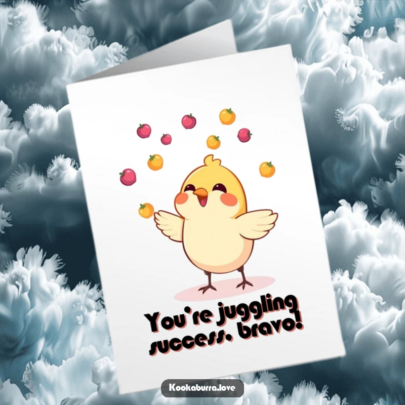 Funny Free Printable Congratulations Card: A small, cheerful bird displays amazing juggling skills with colorful berries, symbolizing a successful feat.