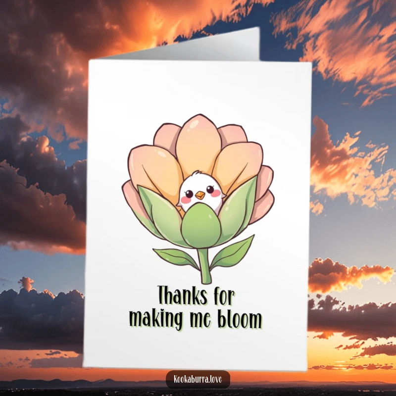 Funny Free Printable Thank You Card: A shy bird is peeking out from behind a large, smiling flower, conveying modest gratitude.