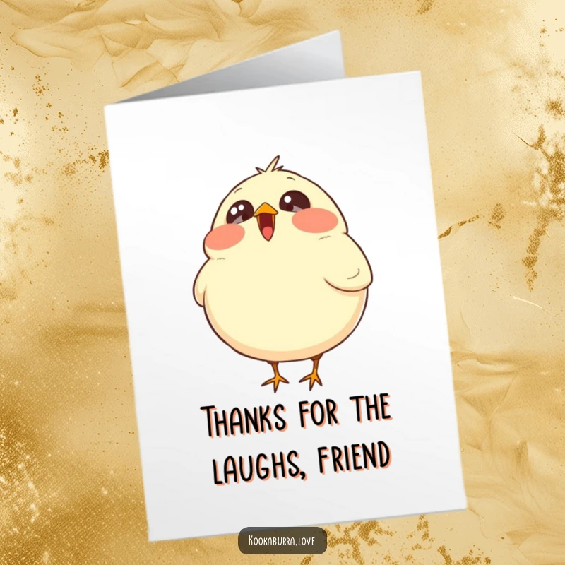 Funny Free Printable Thank You Card: A plump, round bird with wide eyes is laughing uncontrollably, a truly hilarious way to say thanks.