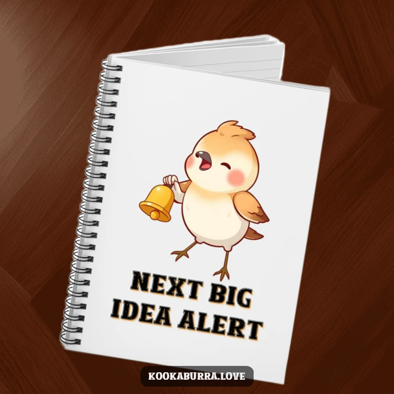Funny Notebook with a small bird ringing a tiny golden bell, designed for jotting notes with a humorous and cheerful theme.