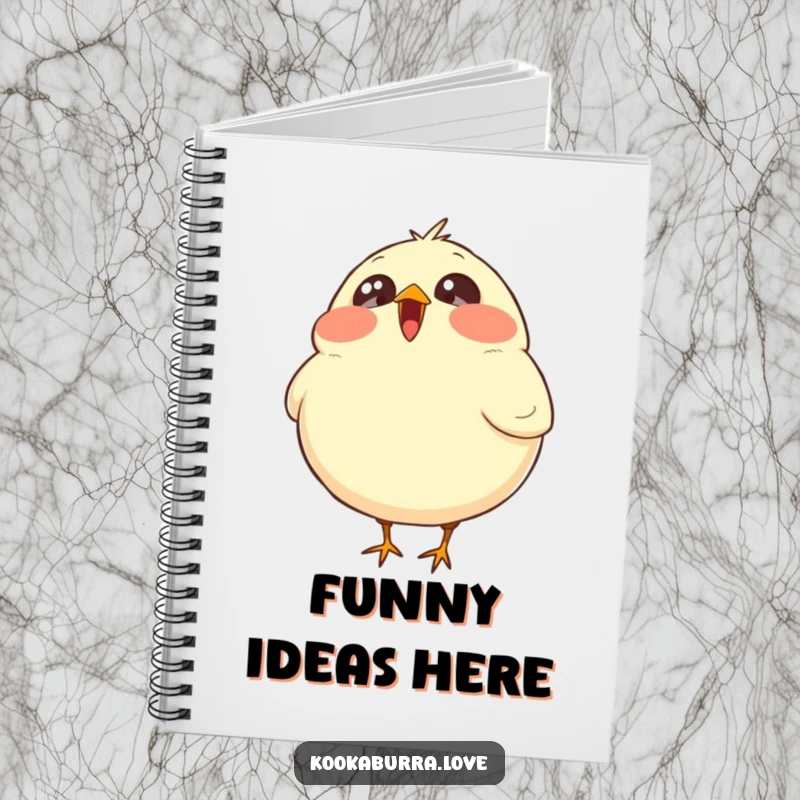 Funny notebook decorated with a plump, round bird with wide, sparkling eyes, bursting with infectious laughter.