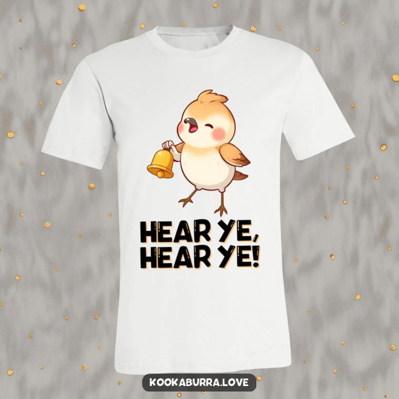 Funny T-Shirt with a happy small bird enthusiastically ringing a tiny golden bell, conveying a sense of pure delight and sound.