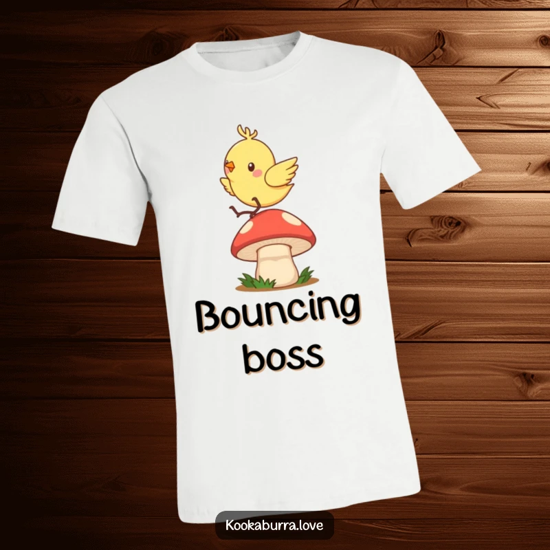 Funny t-shirt featuring a quick, zippy bird gleefully hopping and bouncing on top of a mushroom cap.