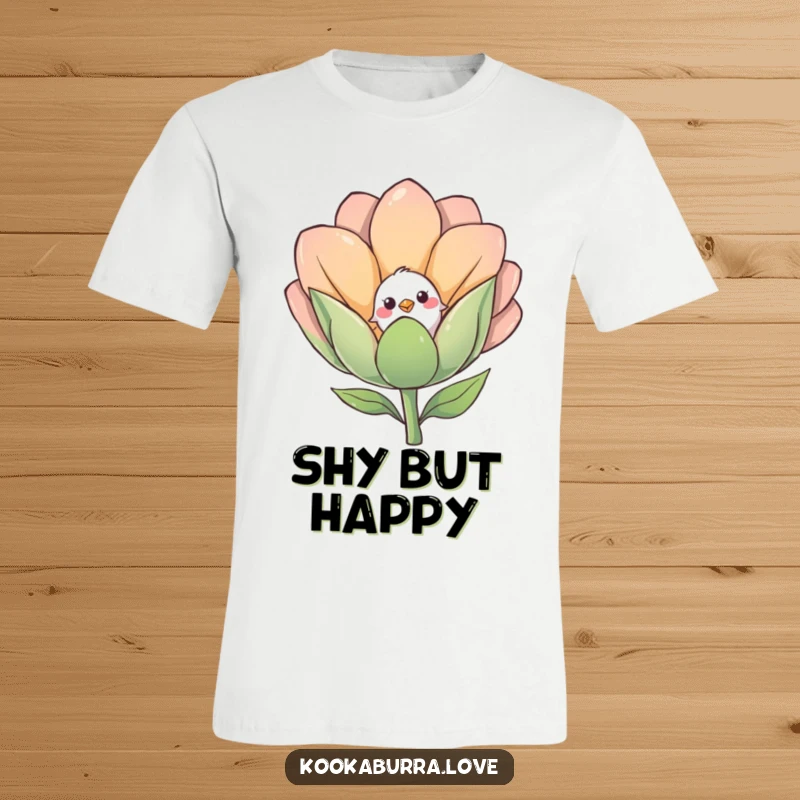 Funny t-shirt featuring a shy small bird peeking curiously from behind a giant, friendly smiling flower bud.
