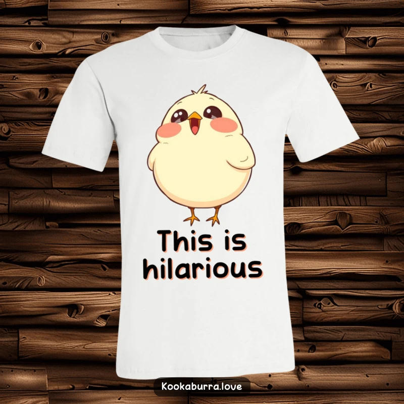 Funny t-shirt featuring a plump, round bird with big, sparkling eyes laughing heartily, head tilted back in amusement.