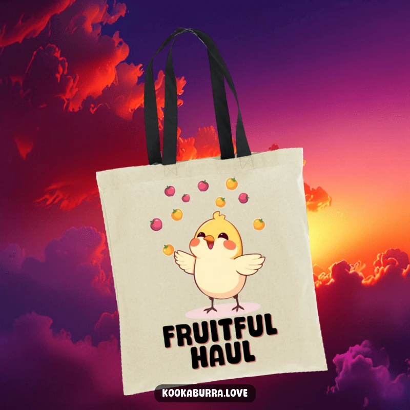 Funny tote bag with a small, cheerful bird actively juggling an assortment of tiny, colorful berries.