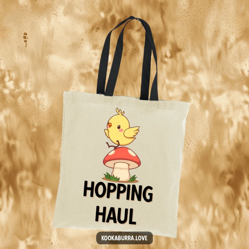 Funny tote bag with a quick, zippy bird joyfully bouncing and hopping on a bouncy mushroom cap.